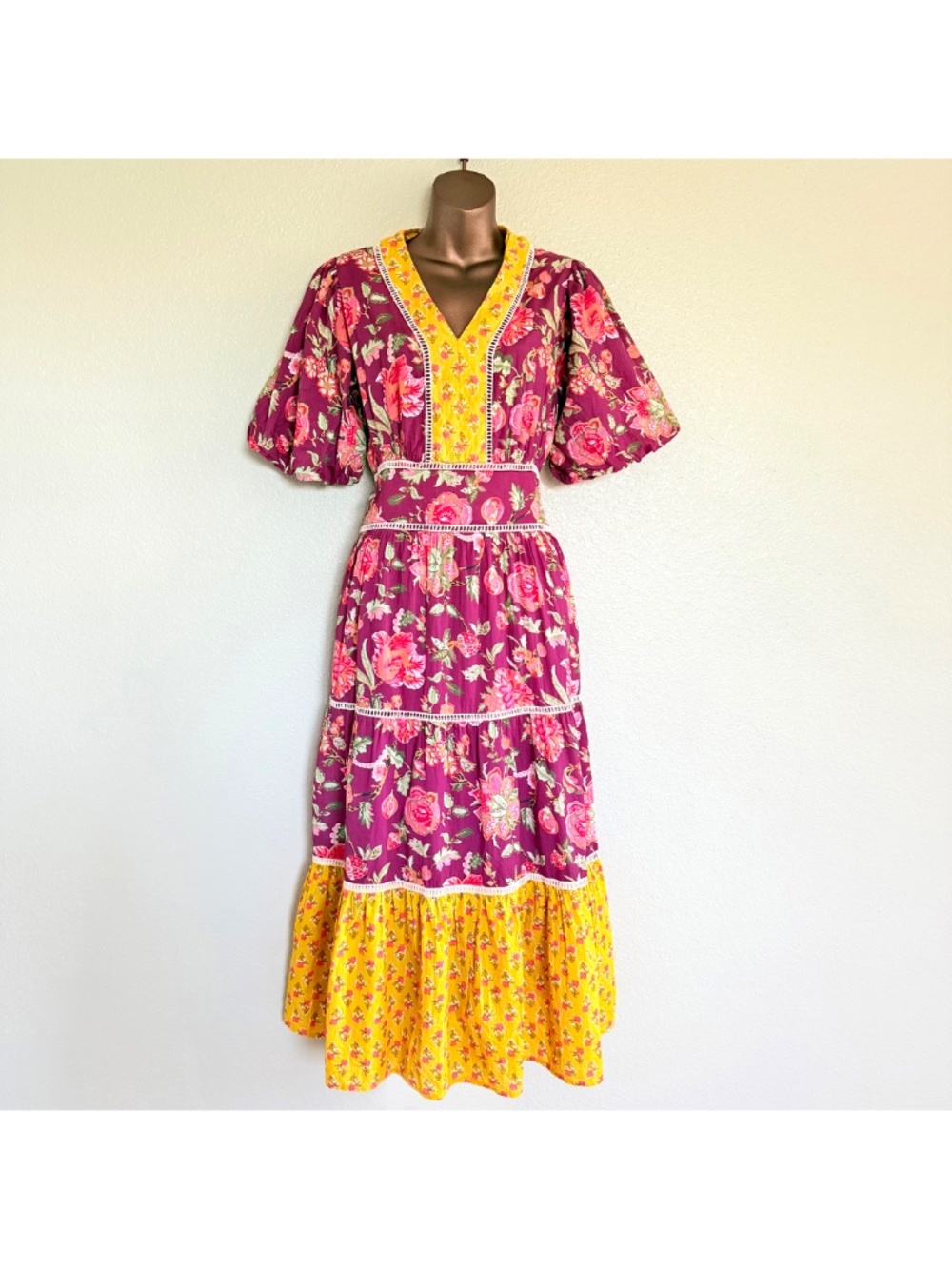 THML Cottagecore Boho 100% Cotton Floral Tiered Puff Sleeve V-Neck Maxi Dress XS